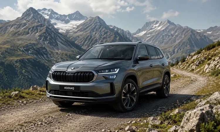 Škoda Kodiaq parked on a winding gravel mountain road
