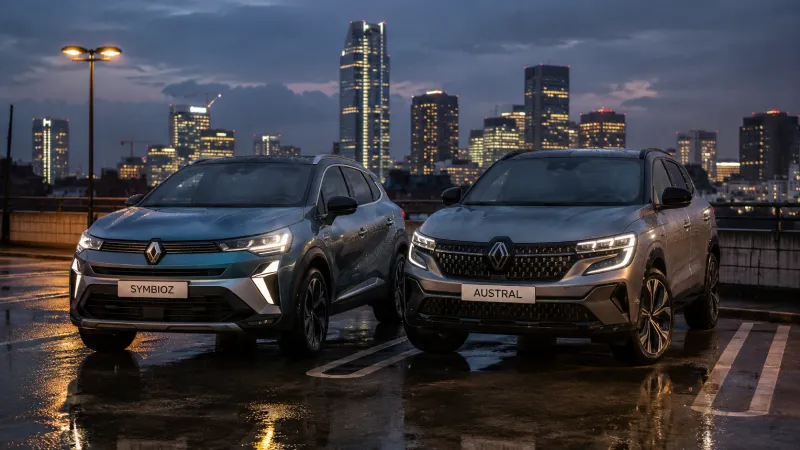Renault Symbioz and Renault Austral parked side by side on a rain-soaked city parking lot at dusk, highlighting Renault's new generation of crossover SUVs.